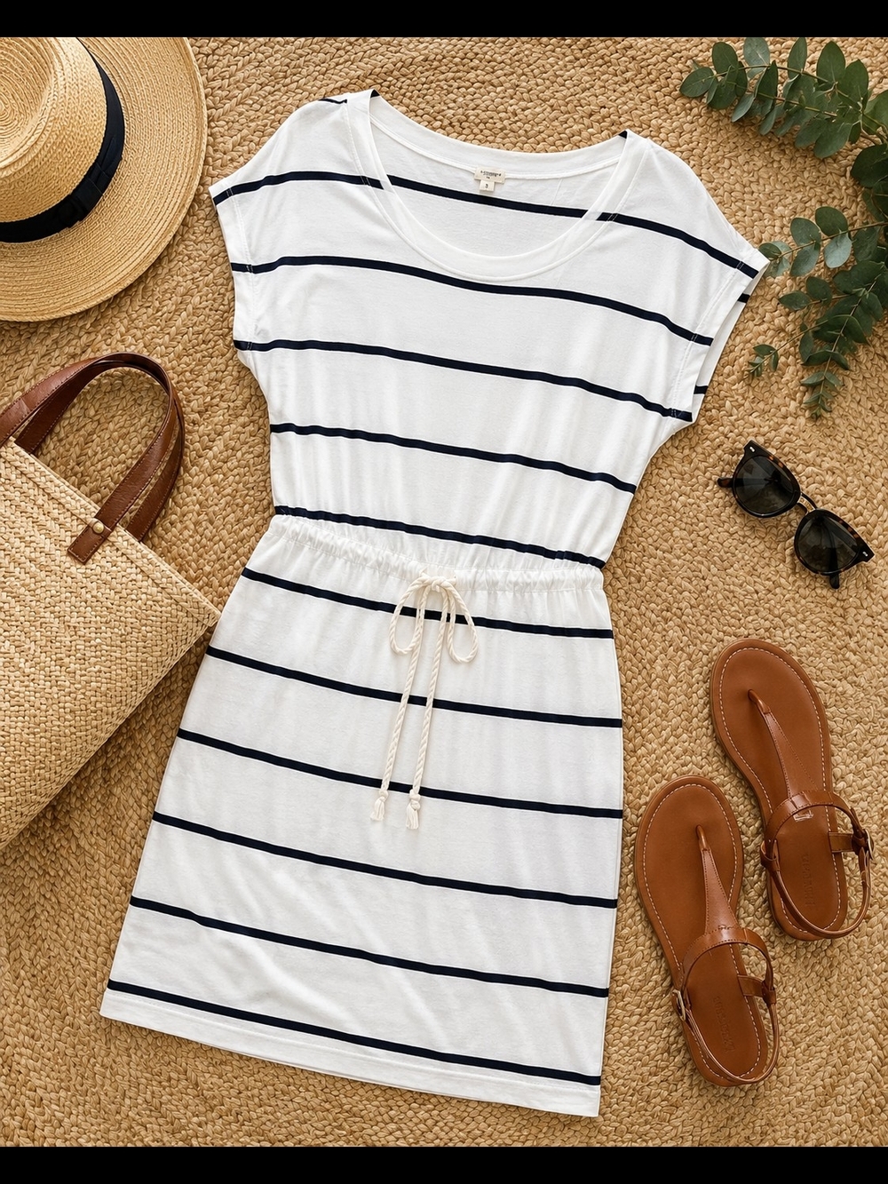 J.Crew Nautical Stripe Drawstring Waist Jersey Dress White Navy Size Small - Picture 2 of 8